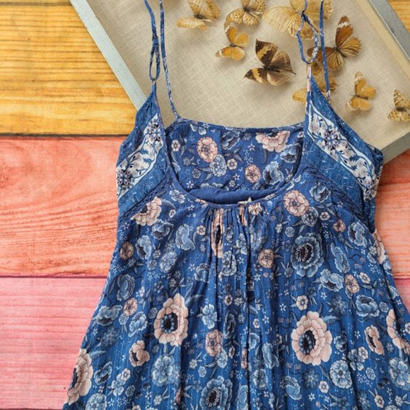 Spell Blue Floral Zahara Metallic Midi Boho Dress - Picture 12 of 16